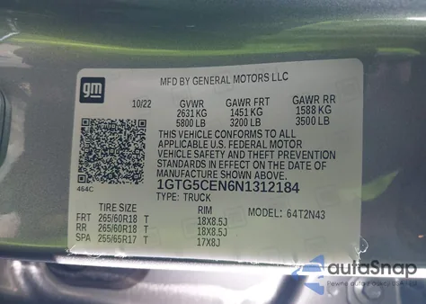 2022 GMC Canyon 2Wd Short Box Elevation from USA, damaged, VIN 1GTG5CEN6N1312184